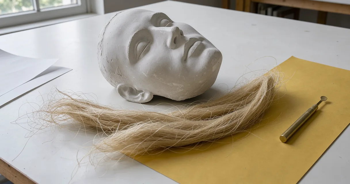 An intact plaster face cast rests above loose flax fibres on a white and ochre worktable.