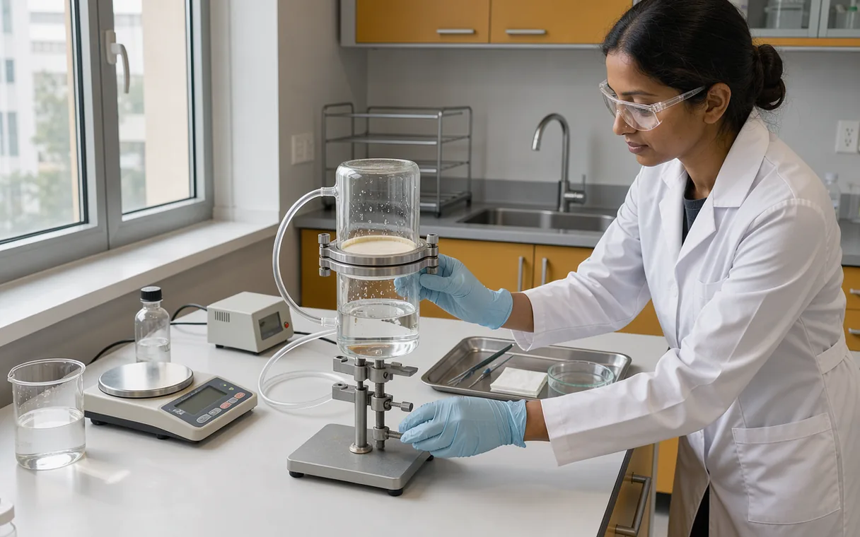 A technician examines a glass diffusion cell with a pale membrane on a bright laboratory bench.