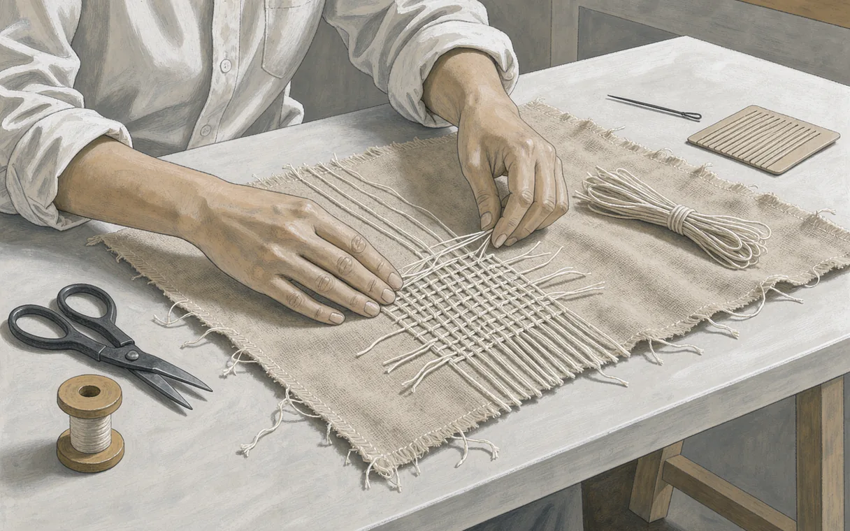 A conservator in ochre sleeves separates and replaces strands in a loose linen weave.